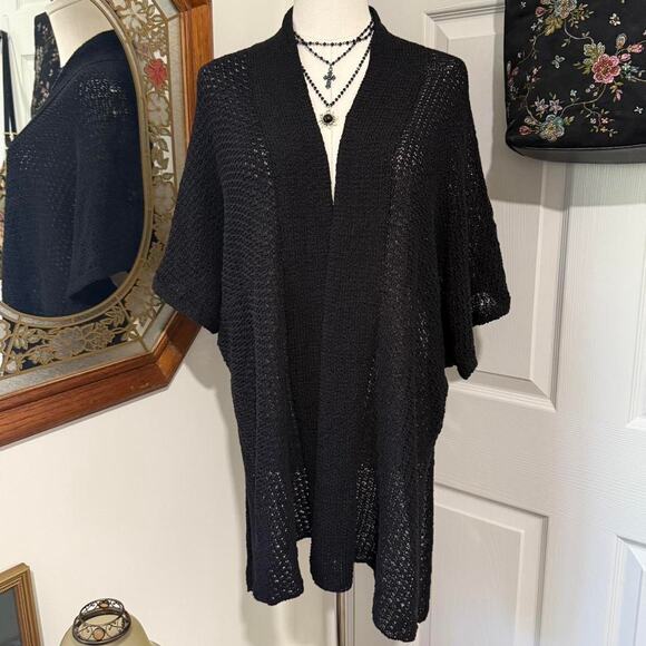 Chico's Black Open Knit Crochet Open Front Cascading Cardigan w Cropped Back - Picture 1 of 8